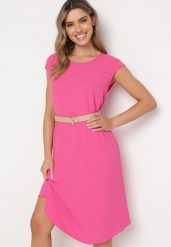 Fuksjowa Sukienka na Grubych Ramiączkach Rozkloszowana Midi Aelthia. Czerwone sukienki Born2be, na lato, xl, bez wzorów, eleganckie, bez kołnierzyka, bez ramiączek, midi, rozkloszowane. Za 59.99 zł.
