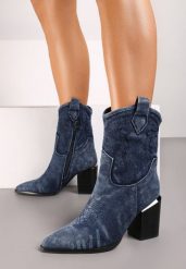 Granatowe Botki Kowbojki na Obcasie Typu Słupek z Ozdobnymi Przeszyciami Laonique. Niebieskie botki Born2be, bez wzorów, bez obcasa, na obcasie, bez zapięcia. Za 169.99 zł.