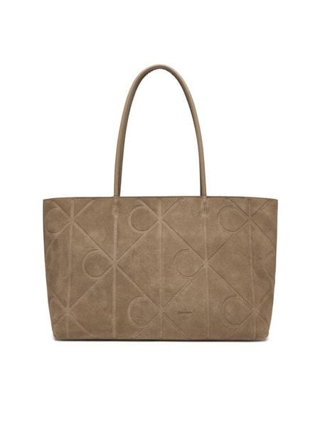 Calvin Klein Torebka Emblem Aop Embossed Suede Tote LV04F3334G Beżowy. Brązowe shopper Calvin Klein, bez wzorów, ze skóry, bez dodatków. Za 1,099.00 zł.