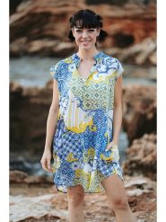 Isla Bonita by SIGRIS Sukienka w kolorze niebiesko-żółtym rozmiar: XL. Niebieskie sukienki Isla Bonita by SIGRIS, na co dzień, xl, bez wzorów, z bawełny, bez kołnierzyka, bez ramiączek, midi, proste. Za 171.68 zł.