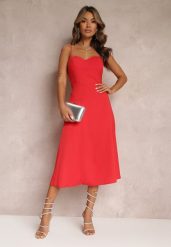 Czerwona Rozkloszowana Sukienka Midi z Rozcięciem na Ramiączkach Josine. Czerwone sukienki Renee, l, bez wzorów, eleganckie, bez kołnierzyka, bez ramiączek, midi, rozkloszowane. Za 69.99 zł.