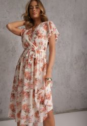 Różowa Kopertowa Sukienka z Wiązaniem w Talii Zdobiona Brokatem Plumse. Czerwone sukienki Renee, na co dzień, na lato, l, z aplikacjami, glamour, bez kołnierzyka, bez ramiączek, midi, kopertowe. Za 119.99 zł.