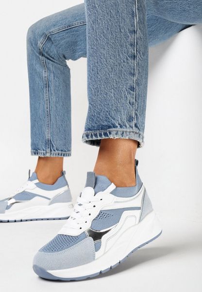 Niebieskie Sneakersy na Grubej Podeszwie z Metalicznymi Wstawkami i Sznurowaniem Aelria. Niebieskie obuwie sportowe Born2be, bez zapięcia. Za 69.99 zł.