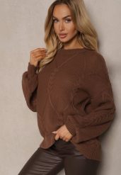 Brązowy Sweter z Ozdobnym Tłoczeniem i Ściągaczami Temariel. Brązowe swetry Renee, bez wzorów, z jeansu, bez ramiączek. Za 79.99 zł.