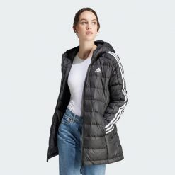 Parka Essentials 3-Stripes Light Down Hooded. Czarne parki Adidas, xs, z materiału, sportowe, bez kaptura. Za 649.00 zł.