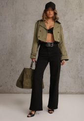 Czarne Szerokie Spodnie High Waist z Bawełny Rhethyphe. Czarne spodnie materiałowe Renee, na co dzień, m, bez wzorów, z bawełny, z podwyższonym stanem. Za 119.99 zł.