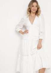 Biała Rozkloszowana Sukienka z Bawełny Zapinana na Guziki z Ażurowymi Taśmami Lacinda. Białe sukienki Born2be, na lato, m, w ażurowe wzory, z bawełny, bez kołnierzyka, bez ramiączek, midi, rozkloszowane. Za 229.99 zł.
