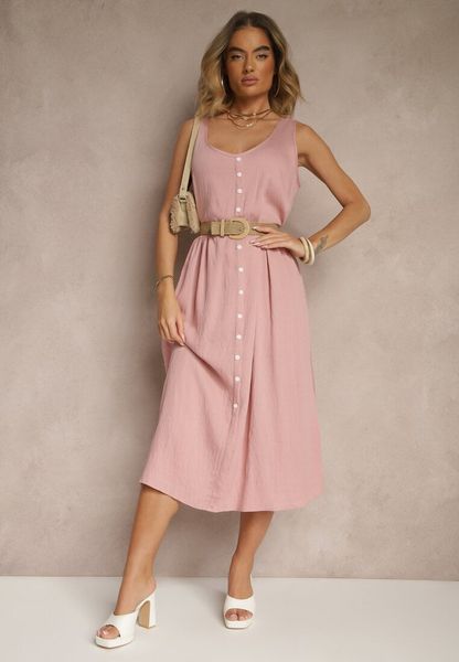 Różowa Rozkloszowana Sukienka z Wiskozy Ozdobiona Guzikami Nataviela. Czerwone sukienki Renee, na co dzień, l, bez wzorów, z wiskozy, klasyczne, bez kołnierzyka, bez ramiączek, midi, proste. Za 79.99 zł.