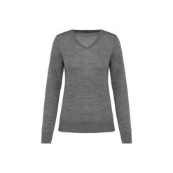 Damski sweter z merynosów z dekoltem v-neck Kariban Premium. Szare swetry KARIBAN, na zimę, bez wzorów, z wełny, bez ramiączek. W wyprzedaży za 269.50 zł.