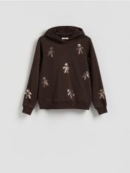Bluza ze świątecznym motywem - ciemnobrązowy. Brązowe bluzy Reserved, l, bez wzorów, z bawełny, bez kaptura. Za 99.99 zł.