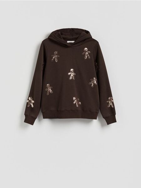 Bluza ze świątecznym motywem - ciemnobrązowy. Brązowe bluzy Reserved, l, bez wzorów, z bawełny, bez kaptura. Za 99.99 zł.