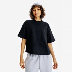 Koszulka Crop damska. Czarne koszulki sportowe DECATHLON, bez wzorów, z bawełny, bez ramiączek. Za 54.99 zł.