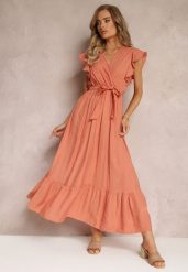Pomarańczowa Rozkloszowana Sukienka Maxi z Gumką w Talii Lavla. Brązowe sukienki Renee, l, bez wzorów, z materiału, bez kołnierzyka, bez ramiączek, maxi, rozkloszowane. Za 69.99 zł.