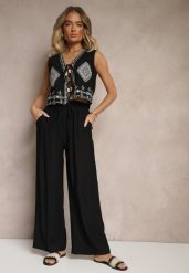Czarne Szerokie Spodnie High Waist z Wiskozy z Gumką w Talii Lannalie. Czarne spodnie materiałowe Renee, na co dzień, l, bez wzorów, z jeansu, z podwyższonym stanem. W wyprzedaży za 63.99 zł.