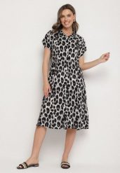 Szaro-Czarna Bawełniana Sukienka o Koszulowym Kroju z Kieszeniami w Panterkę Iffanea. Szare sukienki Born2be, na co dzień, l, bez wzorów, z bawełny, eleganckie, bez kołnierzyka, bez ramiączek, midi, koszulowe. Za 49.99 zł.