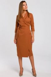 Elegancka sukienka biznesowa kopertowa midi z paskiem ruda. Brązowe sukienki Stylove, do pracy, l, bez wzorów, z elastanu, biznesowe, bez kołnierzyka, bez ramiączek, midi, dopasowane. Za 275.00 zł.