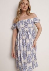 Niebieska Wiskozowa Sukienka Hiszpanka w Etniczny Wzór Hywen. Niebieskie sukienki Born2be, na co dzień, na lato, bez wzorów, z materiału, casualowe, bez kołnierzyka, bez ramiączek, mini, proste. Za 59.99 zł.
