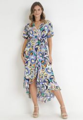 Niebieska Kopertowa Sukienka z Gumką w Pasie i Materiałowym Paskiem z Wiskozy Dionienne. Niebieskie sukienki Born2be, na lato, l, bez wzorów, z materiału, bez kołnierzyka, bez ramiączek, midi, kopertowe. Za 59.99 zł.