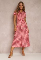 Czerwona Sukienka Prixia. Czerwone sukienki Renee, l, bez wzorów, z materiału, eleganckie, bez kołnierzyka, bez ramiączek, midi, koszulowe. Za 134.99 zł.