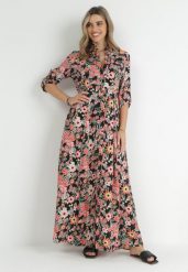 Czarno-Czerwona Rozkloszowana Sukienka Maxi Koszulowa w Kwiaty Moonsee. Czarne sukienki Born2be, l, bez wzorów, bez kołnierzyka, bez ramiączek, maxi, koszulowe. Za 119.99 zł.