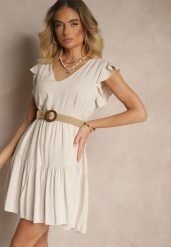 Jasnobeżowa Bawełniana Sukienka Rozkloszowana z Falbankami Mirlio. Brązowe sukienki Renee, na co dzień, l, bez wzorów, z bawełny, eleganckie, bez kołnierzyka, bez ramiączek, mini, kopertowe. Za 39.99 zł.