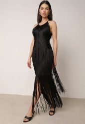 Czarna Koktajlowa Sukienka na Ramiączkach Zdobiona Frędzlami Kelennea. Czarne sukienki Born2be, l, z aplikacjami, klasyczne, bez kołnierzyka, bez ramiączek, maxi, dopasowane. Za 259.99 zł.