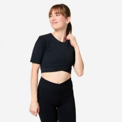 Koszulka damska Domyos Gym & Pilates crop. Czarne bluzki DECATHLON, l, bez wzorów, z elastanu, sportowe, bez kołnierzyka, bez ramiączek. Za 69.99 zł.