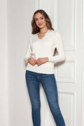 Sweter w Serek z Dzianiny w Prążek - Ecru. Brązowe swetry Lanti, l, bez wzorów, z dzianiny, bez ramiączek. Za 229.90 zł.
