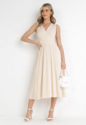 Beżowa Sukienka Midi Bez Rękawów z Plisowanym Dołem Dreana. Brązowe sukienki Born2be, na imprezę, l, bez wzorów, eleganckie, bez kołnierzyka, bez ramiączek, midi, plisowane. Za 189.99 zł.