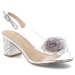 Sandały damskie S.Barski, z transparentnym paskiem ozdobny kwiat pasek z regulacją stabilny obcas elegancki styl, srebrne, MR61-9011. Szare sandały S.BARSKI, bez wzorów, eleganckie, bez obcasa, na obcasie, bez zapięcia. Za 199.00 zł.