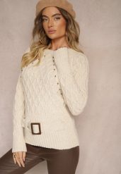 Jasnobeżowy Sweter z Ozdobnym Paskiem i Splotem Vittella. Brązowe swetry Renee, m, z aplikacjami, z jeansu, bez ramiączek. Za 109.99 zł.