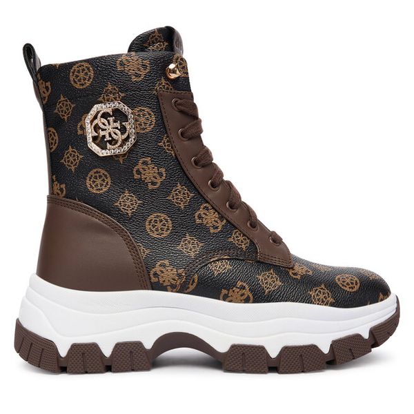 Trzewiki Guess. Brązowe botki Guess, z aplikacjami, bez obcasa, na płaskiej podeszwie, bez zapięcia. Za 609.99 zł.