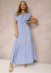 Niebieska Sukienka Callamene. Niebieskie sukienki Renee, na lato, m, z aplikacjami, z koronki, bez kołnierzyka, bez ramiączek, maxi. Za 59.99 zł.