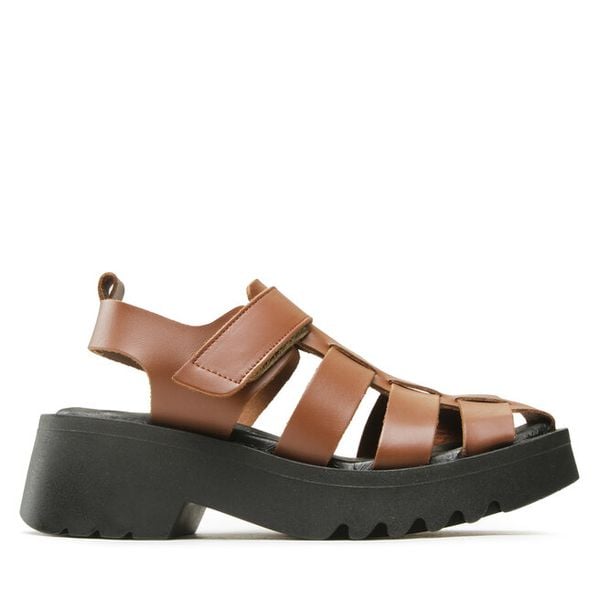 Sandały Fly London. Brązowe sandały Fly London, bez wzorów, bez obcasa, na koturnie, bez zapięcia. Za 549.99 zł.