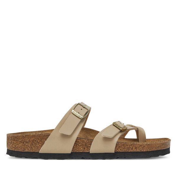 Japonki Birkenstock. Brązowe klapki Birkenstock, bez wzorów, bez obcasa. Za 319.99 zł.