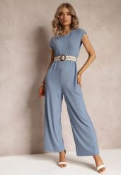 Niebieski Kombinezon z Paskiem Artyse. Niebieskie sukienki Renee, l, bez wzorów, z dzianiny, boho, bez kołnierzyka, bez ramiączek, maxi. Za 89.99 zł.