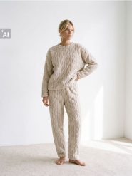 Polarowe spodnie od piżamy z tłoczonym wzorem warkoczowym - kremowy. Białe piżamy Sinsay, bez wzorów, z polaru, bez ramiączek. Za 39.99 zł.