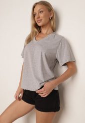 Szary T-shirt z Bawełny z Trójkątnym Dekoltem Siliphe. Szare t-shirty Born2be, uniwersalny, bez wzorów, z bawełny, bez kołnierzyka, bez ramiączek. Za 79.99 zł.