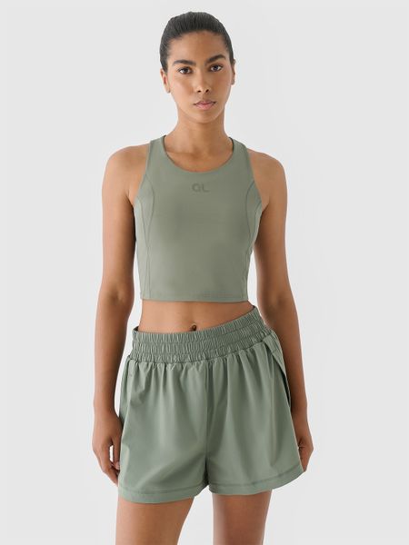 4F Crop top treningowy szybkoschnący 4F x Anna Lewandowska - khaki L. Brązowe koszulki sportowe 4f, bez wzorów, z dzianiny, bez ramiączek, na fitness i siłownię. Za 149.99 zł.