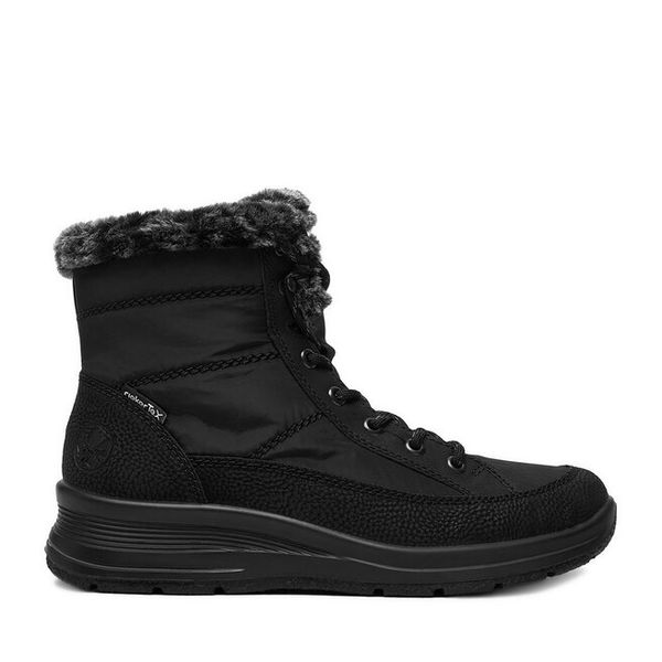 Trzewiki Rieker. Czarne botki Rieker, bez wzorów, bez obcasa, na płaskiej podeszwie, bez zapięcia. Za 419.99 zł.