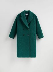 Dwurzędowy płaszcz oversize - morski. Zielone płaszcze Reserved, l, bez wzorów, z tkaniny, bez kaptura. Za 279.99 zł.