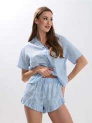 Bawełniana piżama dwuczęściowa w kratę w stylu cottage - niebieski. Niebieskie piżamy Sinsay, bez wzorów, z bawełny, bez ramiączek. Za 49.99 zł.