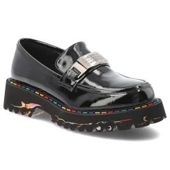 Półbuty damskie Artiker, mokasyny skórzane lakierowane z ozdobą i wsuwane na grubym obcasie, czarne, 57C0070. Czarne mokasyny Artiker, z aplikacjami, z lakierowanej skóry, bez obcasa. Za 263.99 zł.