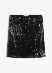 Spódnica mini zdobiona cekinami. Czarne spódnice bonprix, z aplikacjami, eleganckie, mini. Za 127.99 zł.