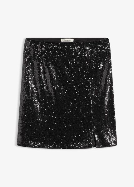 Spódnica mini zdobiona cekinami. Czarne spódnice bonprix, z aplikacjami, eleganckie, mini. Za 127.99 zł.