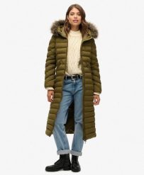 Długi Płaszcz z Kapturem z Sztucznego Futra Fuji od SUPERDRY. Zielone płaszcze Superdry, xs, bez wzorów, z nylonu, z kapturem. Za 533.50 zł.