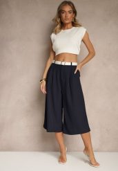 Granatowe Eleganckie Spodnie Typu Culottes Silunea. Niebieskie spodnie materiałowe Renee, do pracy, s, bez wzorów, z jeansu. Za 69.99 zł.