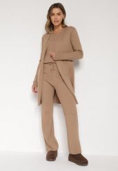 Ciemnobeżowy Komplet Dzianinowy z Bawełną Spodnie Kamizelka i Długi Kardigan Meviravia. Brązowe kardigany Born2be, bez wzorów, z bawełny. Za 139.99 zł.