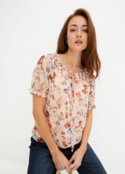 Bluzka w stylu tuniki z dekoltem carmen. Czerwone bluzki bonprix, bez wzorów, bez kołnierzyka, bez ramiączek. Za 114.99 zł.