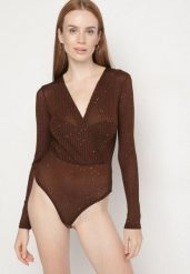 Brązowe Kopertowe Body z Domieszką Wiskozy Zdobione Brokatem i Cekinami Jaddie. Brązowe body Born2be, l, z aplikacjami, z jeansu. Za 109.99 zł.